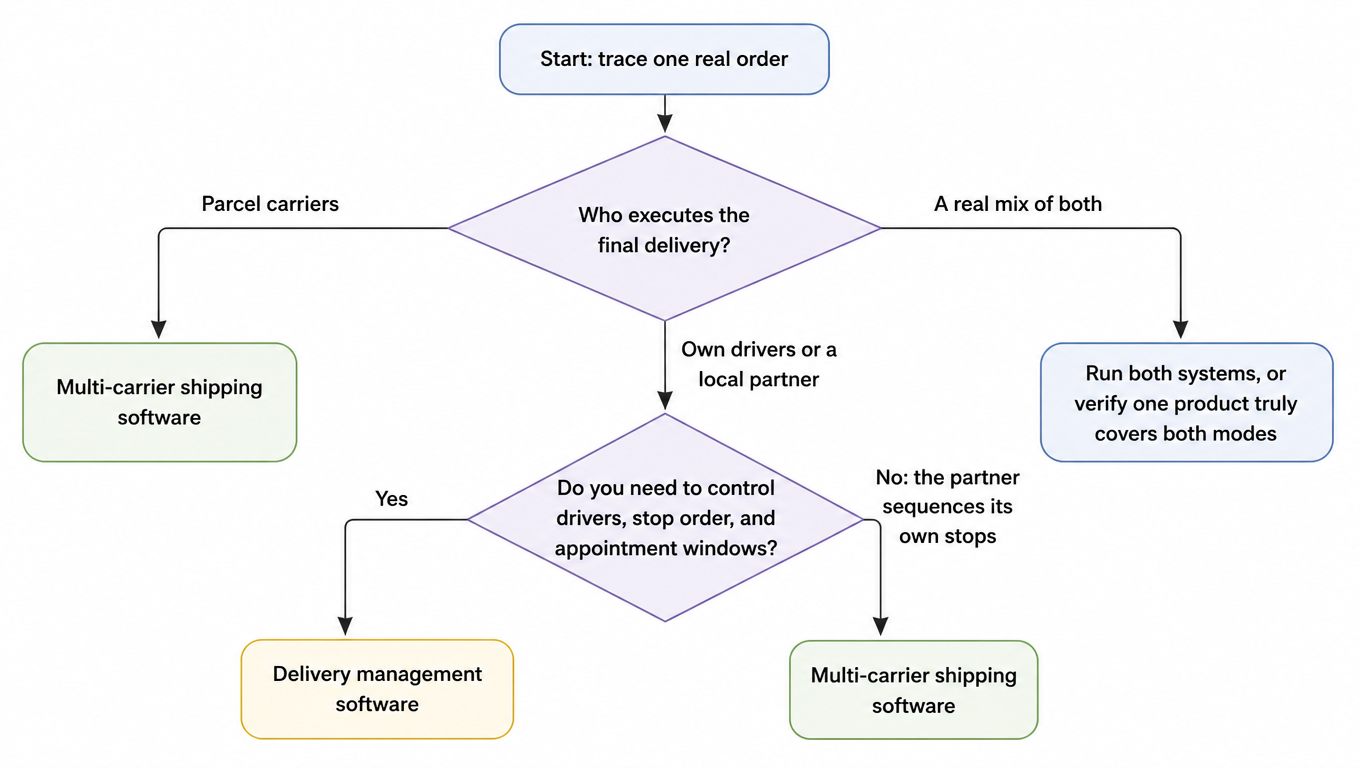 Decision flowchart: start by tracing one real order, ask who executes the final delivery, parcel carriers lead to multi-carrier shipping software, own drivers or a local partner lead to asking whether you need to control drivers, stop order, and appointment windows, yes leads to delivery management software, no (the partner sequences its own stops) leads to multi-carrier shipping software, and a real mix of both leads to running both systems or verifying one product truly covers both modes