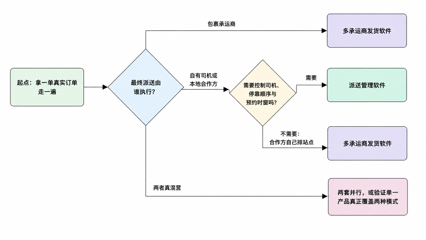 决策流程图：从「拿一单真实订单走一遍」出发，问最终派送由谁执行；包裹承运商去多承运商发货软件；自有司机或本地合作方再问是否需要控制司机、停靠顺序与预约时窗；需要则去派送管理软件；不需要（合作方自己排站点）则去多承运商发货软件；两者真混营则两套并行或验证单一产品覆盖两种模式