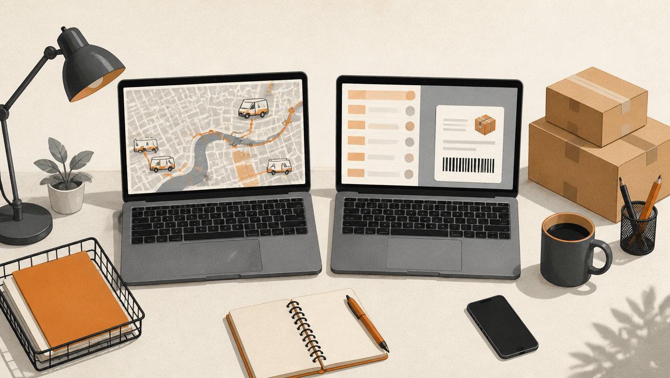 Two laptops on a dispatch desk: one displays delivery routes, the other carrier rates and a shipping label.