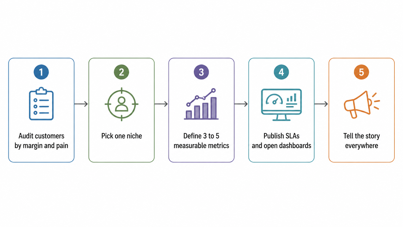 Flowchart: audit customers by margin and pain, pick one niche, define 3 to 5 measurable metrics, publish SLAs and open dashboards, then tell the story everywhere