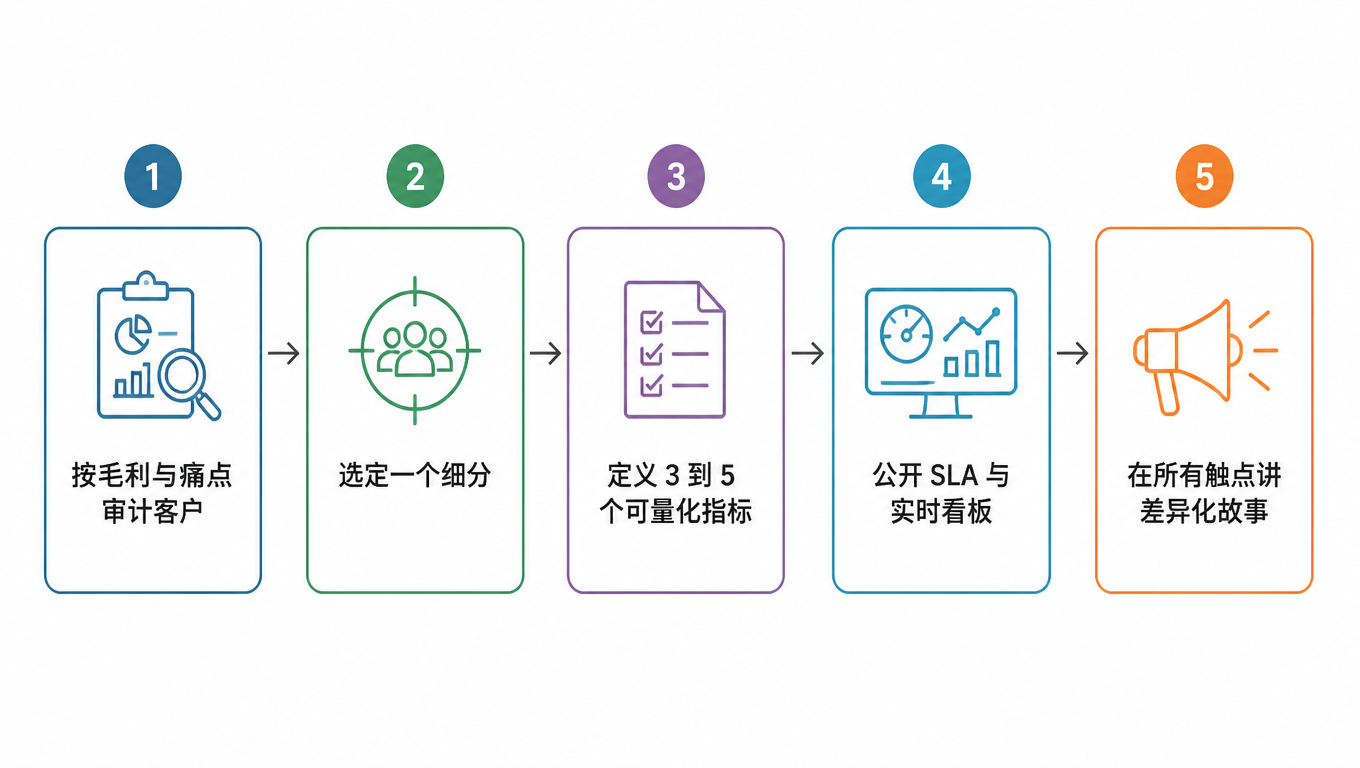流程图:按毛利与痛点审计客户,选定一个细分,定义 3 到 5 个可量化指标,公开 SLA 与实时看板,最后在所有触点讲差异化故事