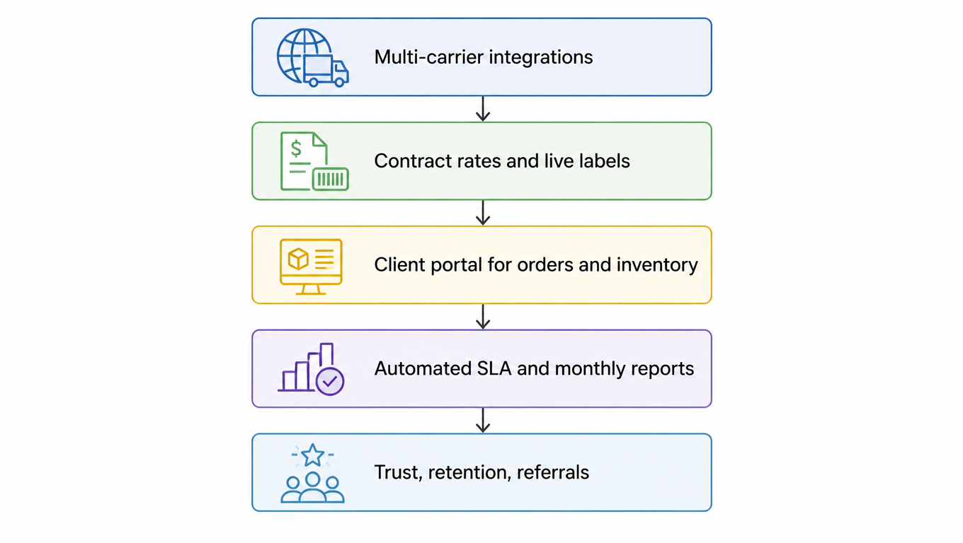 Flowchart: multi-carrier integrations lead to contract rates and live labels, to a client portal for orders and inventory, to automated SLAs and monthly reports, and finally to trust, retention, and referrals