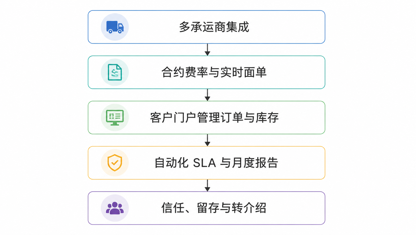 流程图:多承运商集成到合约费率与实时面单,到客户门户管理订单与库存,到自动化 SLA 与月度报告,最终带来信任、留存与转介绍