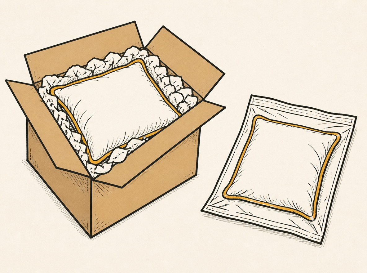 The same cushion packed in an oversized box with filler and in a compact poly mailer.