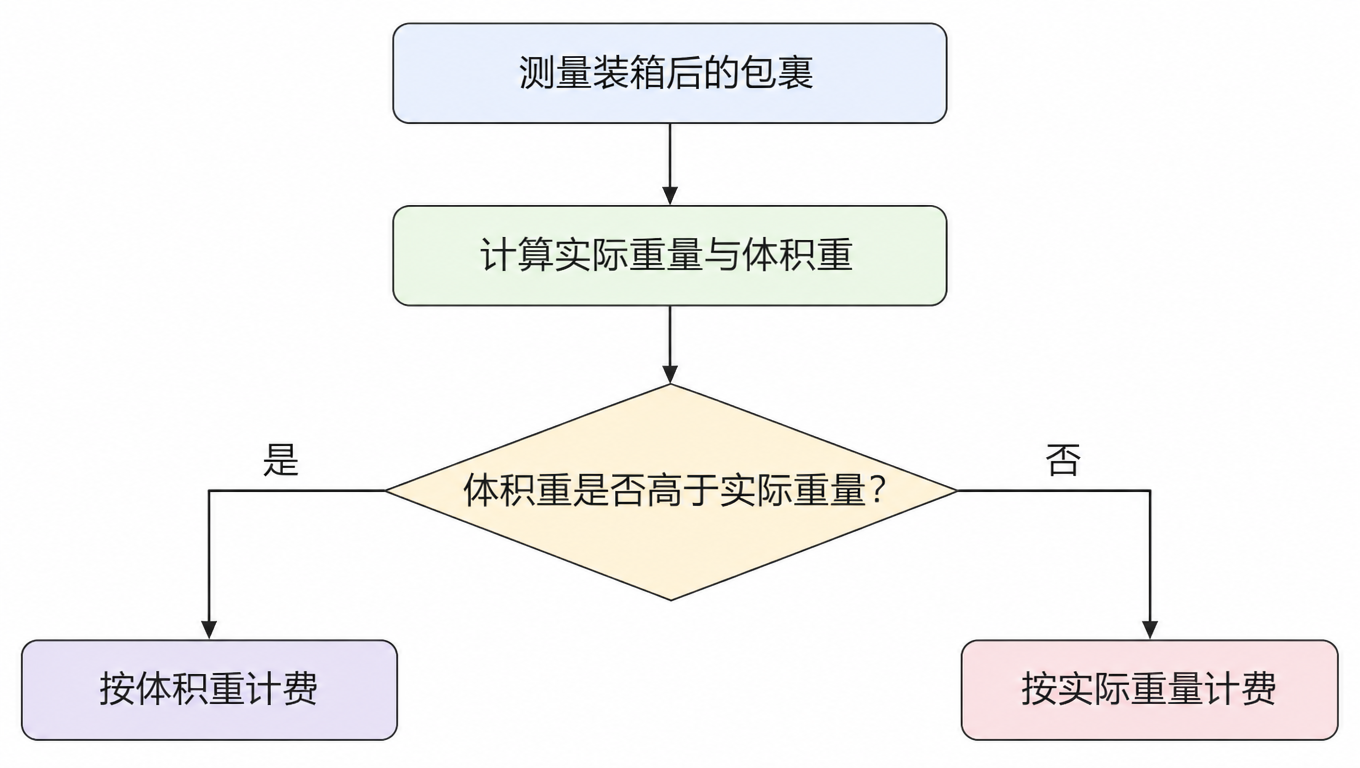 流程图:测量装箱后的包裹,计算实际重量与体积重,体积重是否高于实际重量?是则按体积重计费,否则按实际重量计费