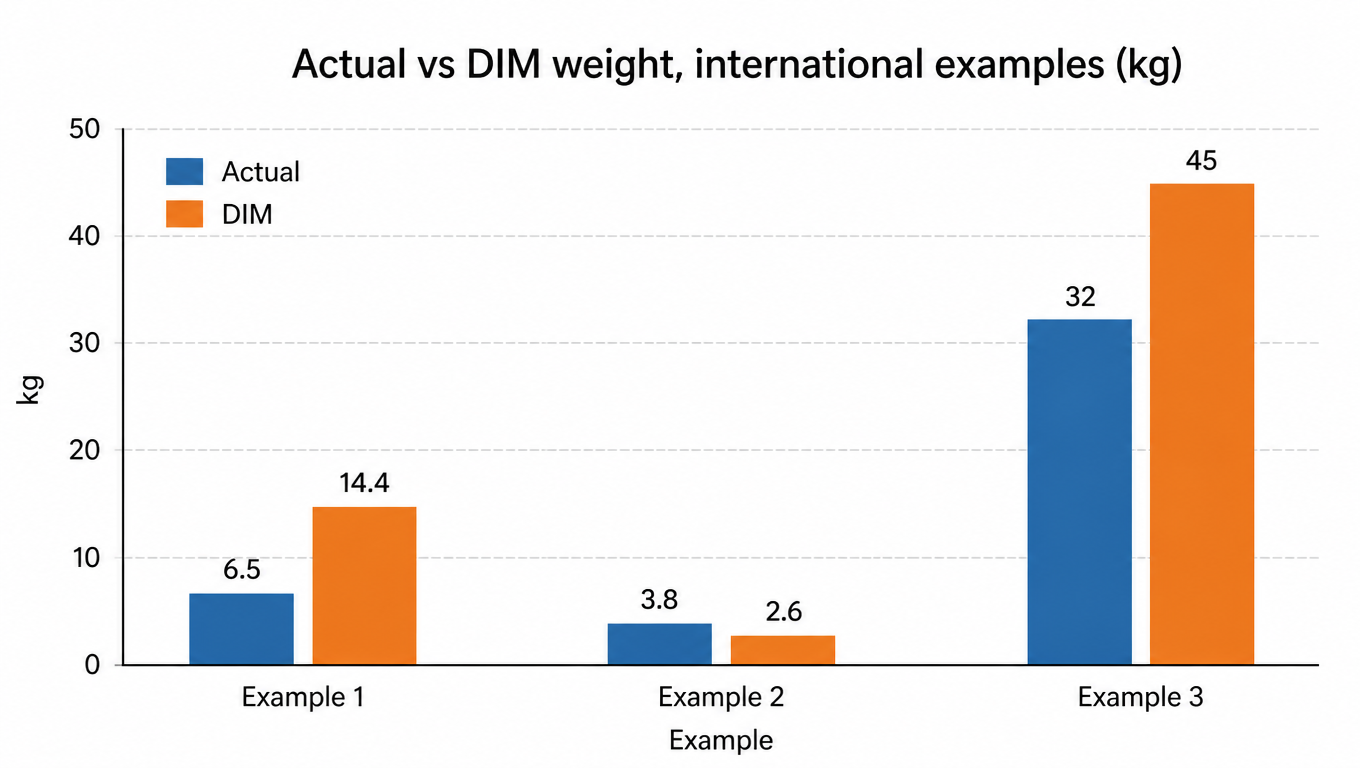 Bar chart: actual vs DIM weight for examples 1 to 3 in kg; example 1 DIM 14.4 beats actual 6.5, example 2 actual 3.8 beats DIM 2.6, example 3 DIM 45 beats actual 32