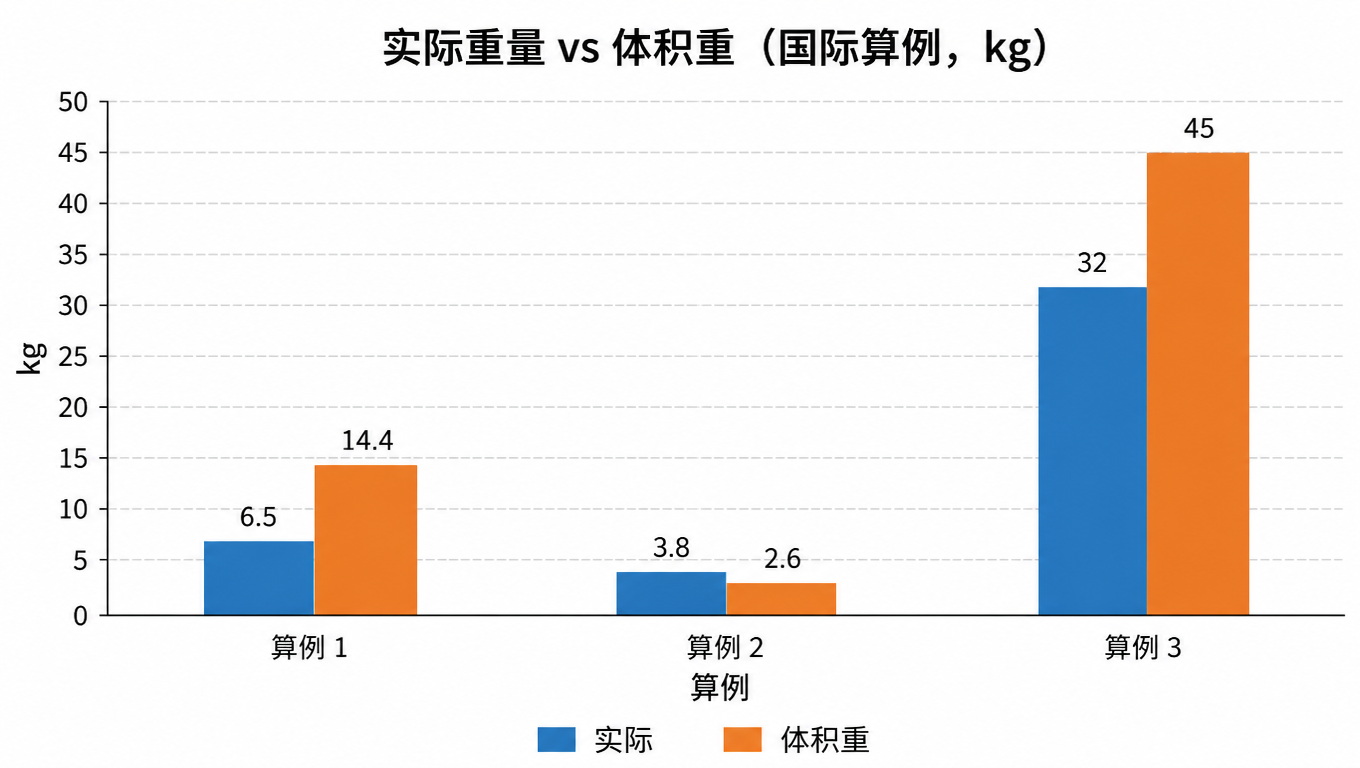 柱状图:算例 1、2、3 的实际重量与体积重对比(kg),算例 1 体积重 14.4 远高于实际 6.5,算例 2 实际 3.8 高于体积重 2.6,算例 3 体积重 45 高于实际 32