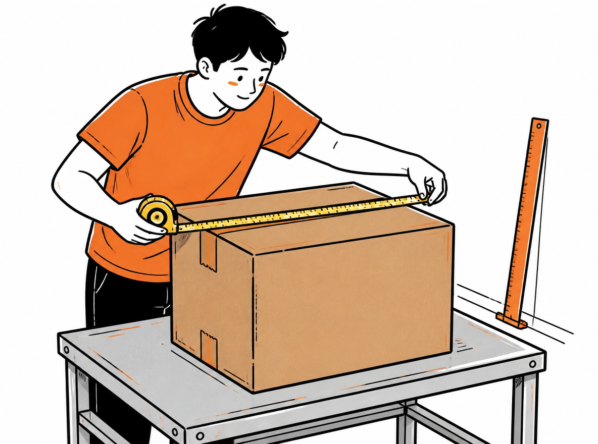 Warehouse worker measures the widest part of a box on a metal workbench.