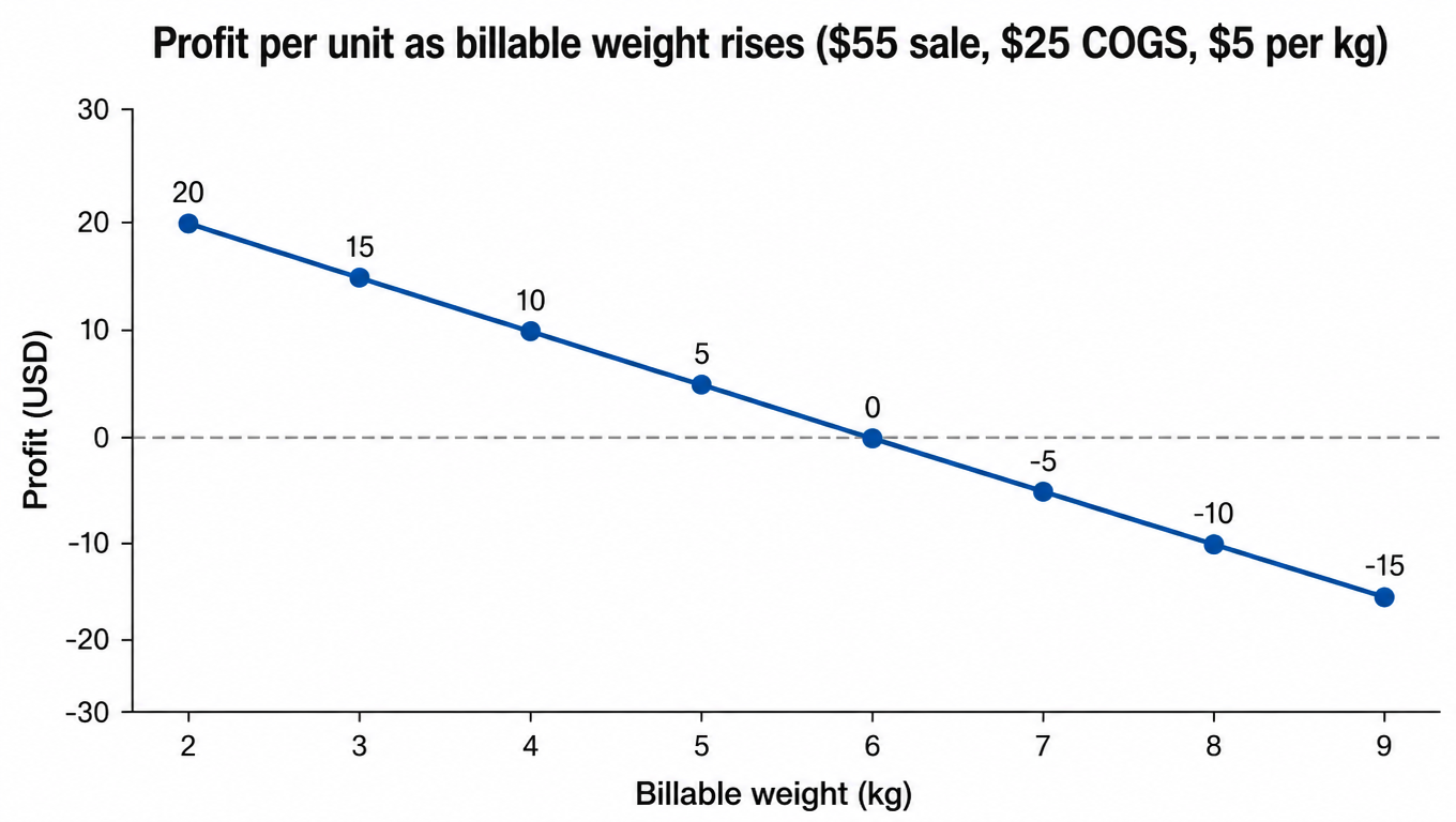 Line chart: profit per unit as billable weight rises from 2 to 9 kg ($55 sale, $25 COGS, $5 per kg); the line crosses zero at 6 kg and every sale loses money above it