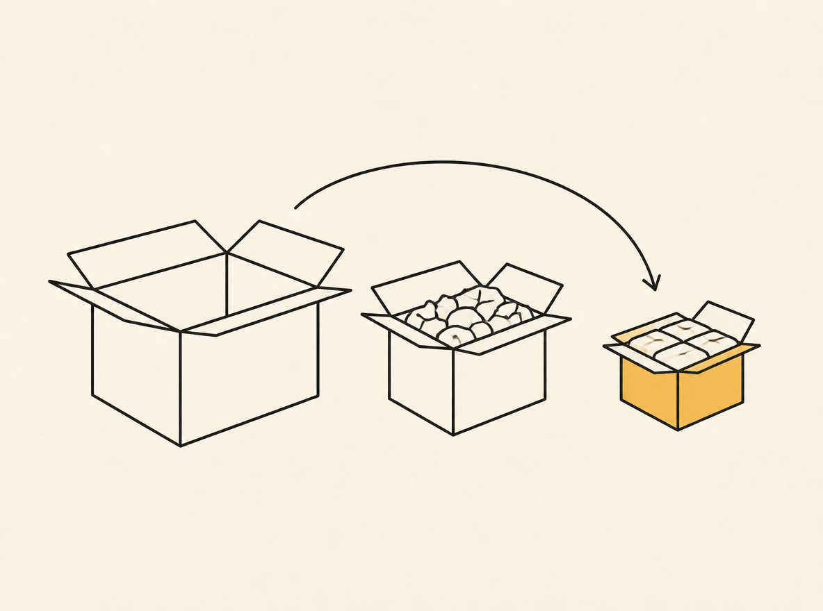 Three boxes show a shift from an almost empty large box to a neatly packed small box.