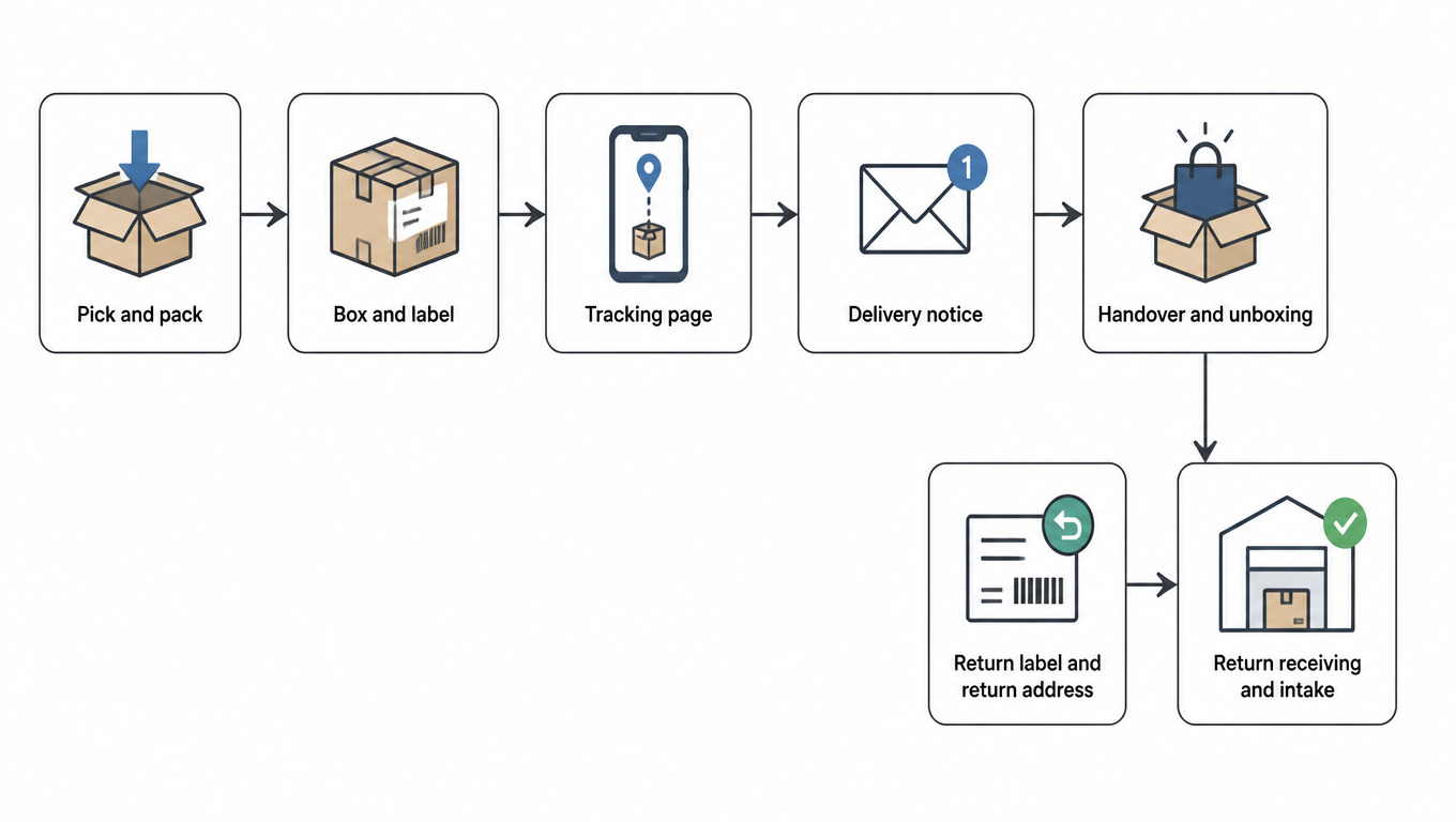 Flowchart: pick and pack leads to box and label, then the tracking page, the delivery notice, and handover and unboxing, and finally the return label and return address followed by return receiving and intake