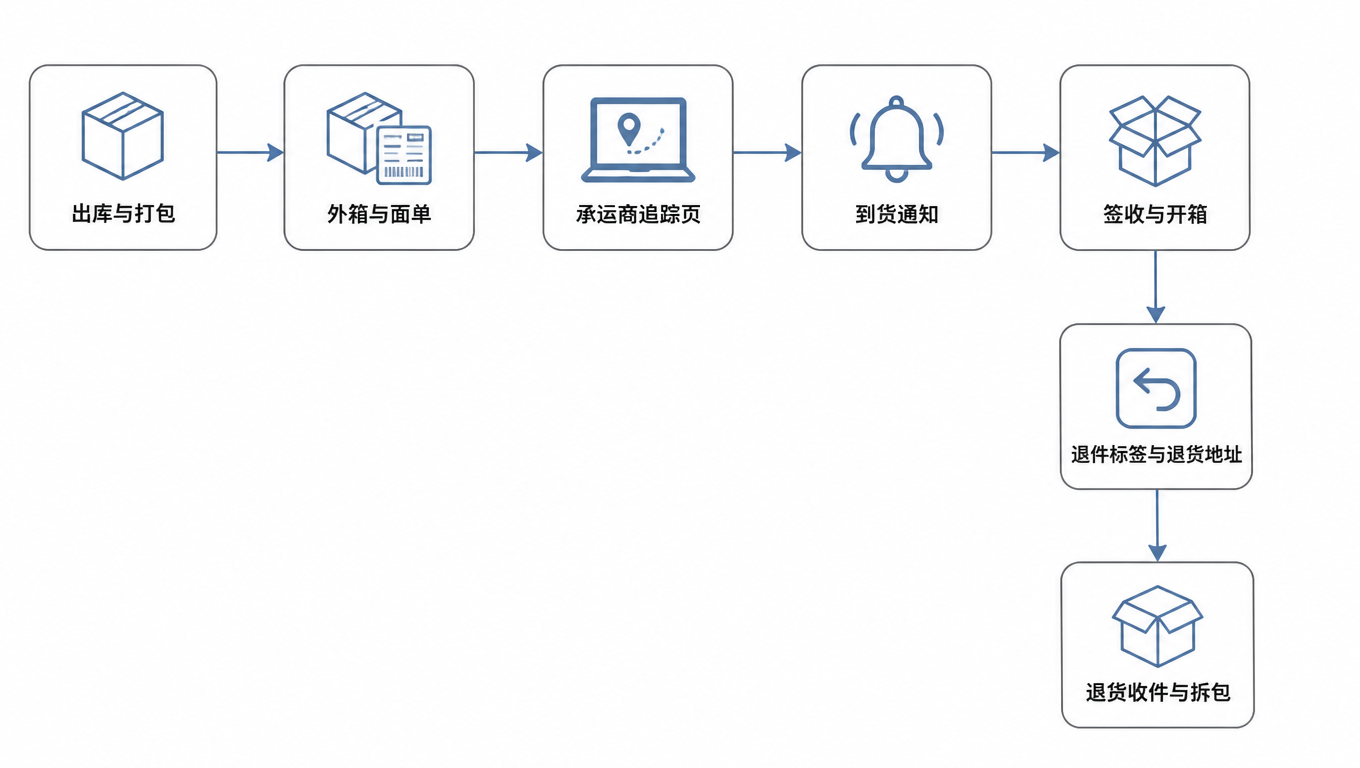 流程图:出库与打包到外箱与面单,再到承运商追踪页、到货通知、签收与开箱,最后到退件标签与退货地址、退货收件与拆包