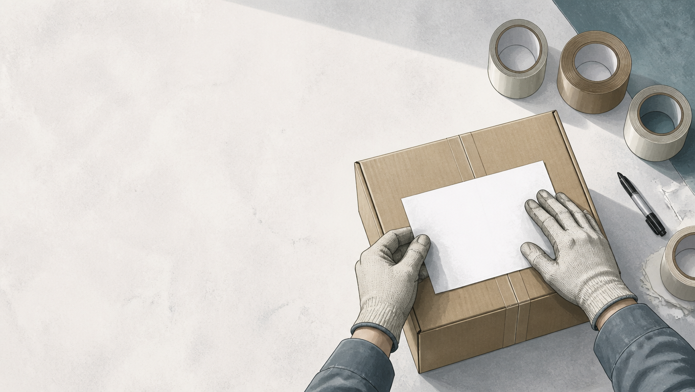 Editorial illustration of a packing bench seen from above in early light, two hands pressing a plain white label onto an unprinted corrugated carton, rolls of tape and a marker beside it, a stack of torn old labels at the corner of the bench, generous empty space on the left, hand-inked linework, restrained palette with a single orange accent.