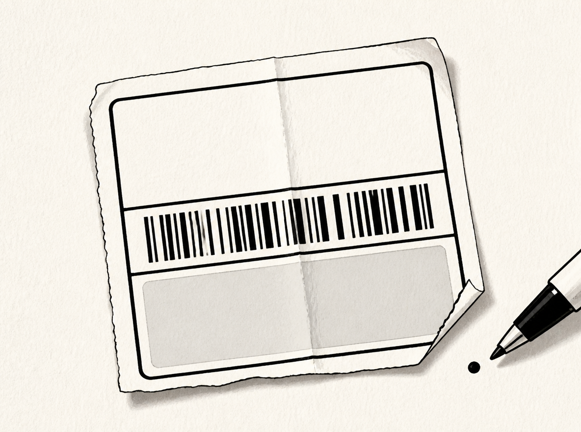 Editorial illustration of a torn shipping label seen close up, edges curling with one crease, carrying only the delivery address block and a barcode, the contents line left as an empty light gray box, a pen resting beside it with a single ink dot, warm off-white paper texture, hand-inked lines of uneven weight.