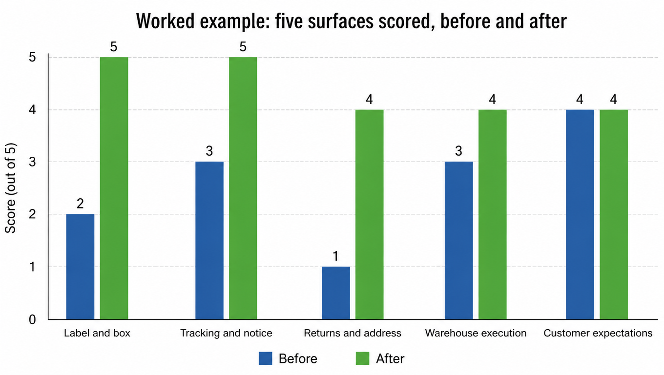 Bar chart: worked example scored across five surfaces, before at 2, 3, 1, 3 and 4, after at 5, 5, 4, 4 and 4, vertical axis is the score out of five
