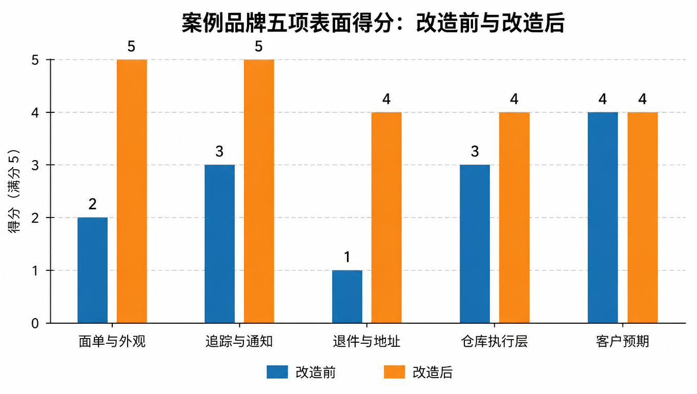 柱状图:案例品牌五项表面得分,改造前为 2、3、1、3、4,改造后为 5、5、4、4、4,纵轴为得分(满分 5)
