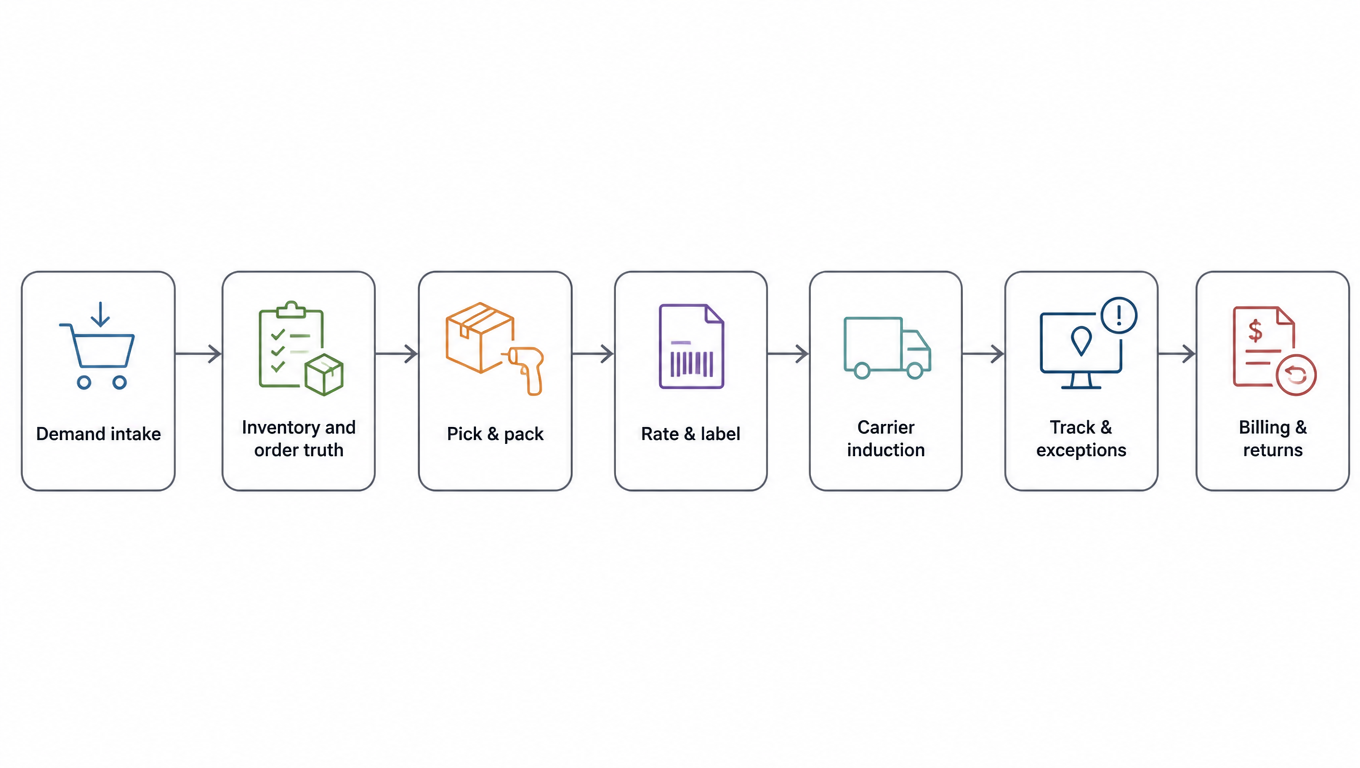 Flowchart: demand intake, inventory and order truth, pick and pack, rate and label, carrier induction, tracking and exceptions, billing and returns, seven links in sequence