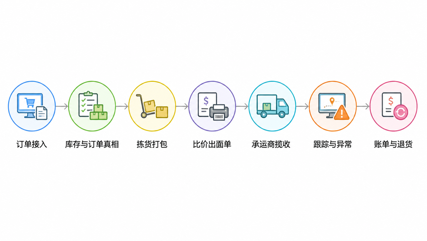 流程图:订单接入、库存与订单真相、拣货打包、比价出面单、承运商揽收、跟踪与异常、账单与退货,七环依次相连