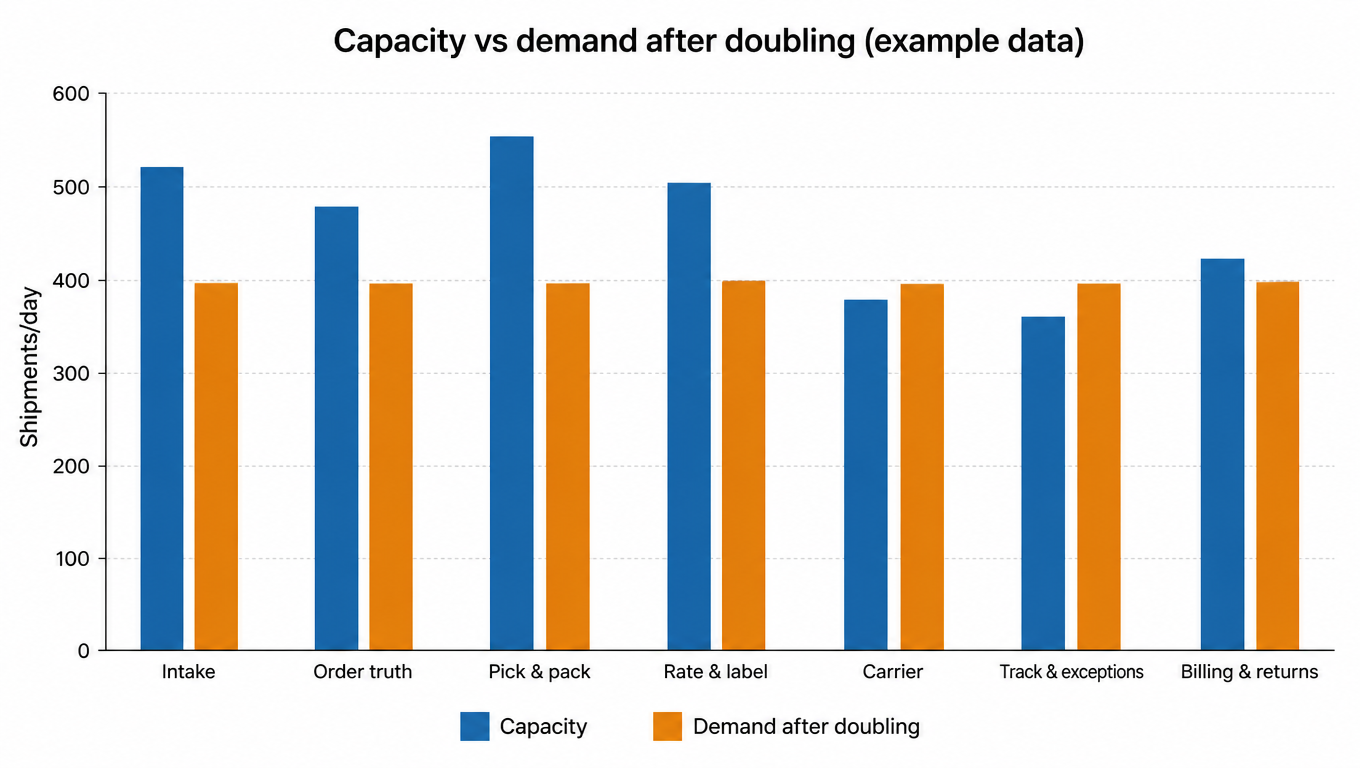 Bar chart: demand after doubling (400 shipments/day) against link capacity; carrier induction at 380 and tracking and exceptions at 360 fall below the demand line, pick and pack at 560 is highest