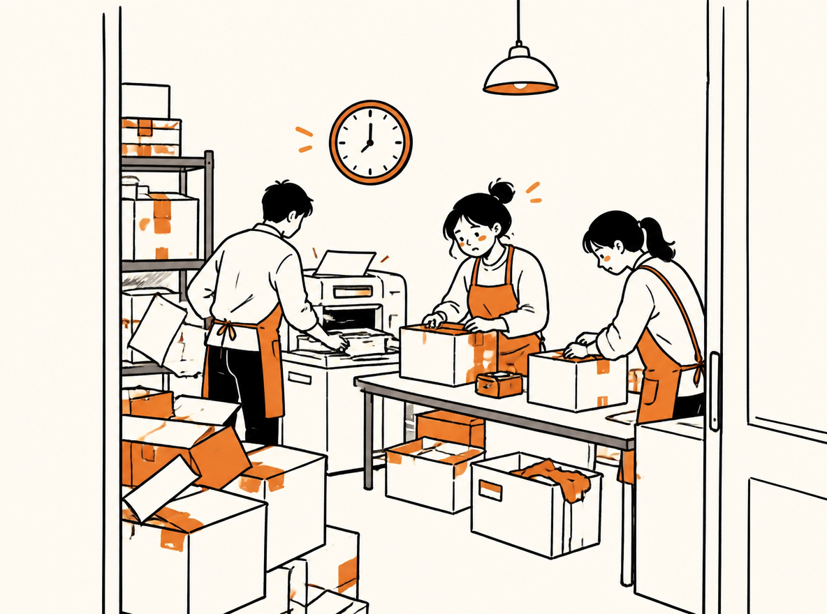 Warehouse staff work at a printer and packing bench as a wall clock approaches closing time.