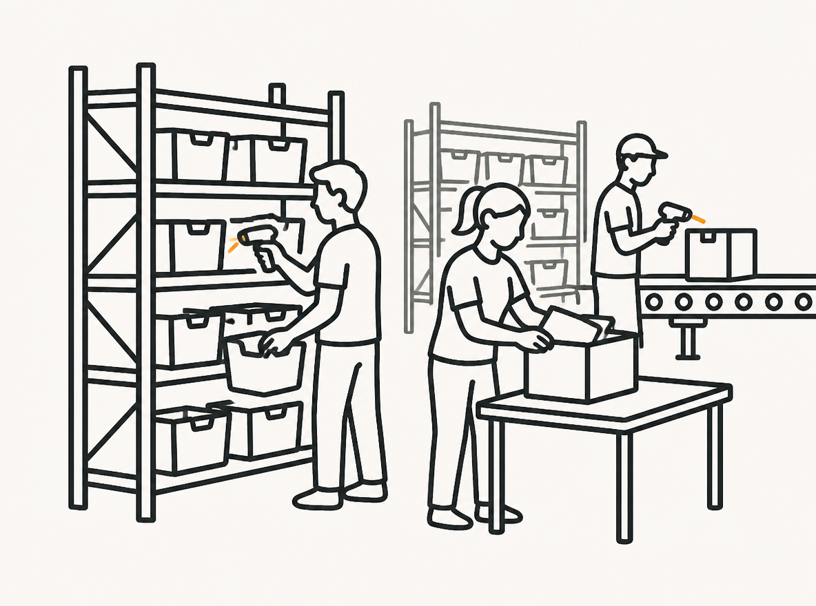 3PL warehouse workers pick and pack using scanners, storage bins and conveyors.
