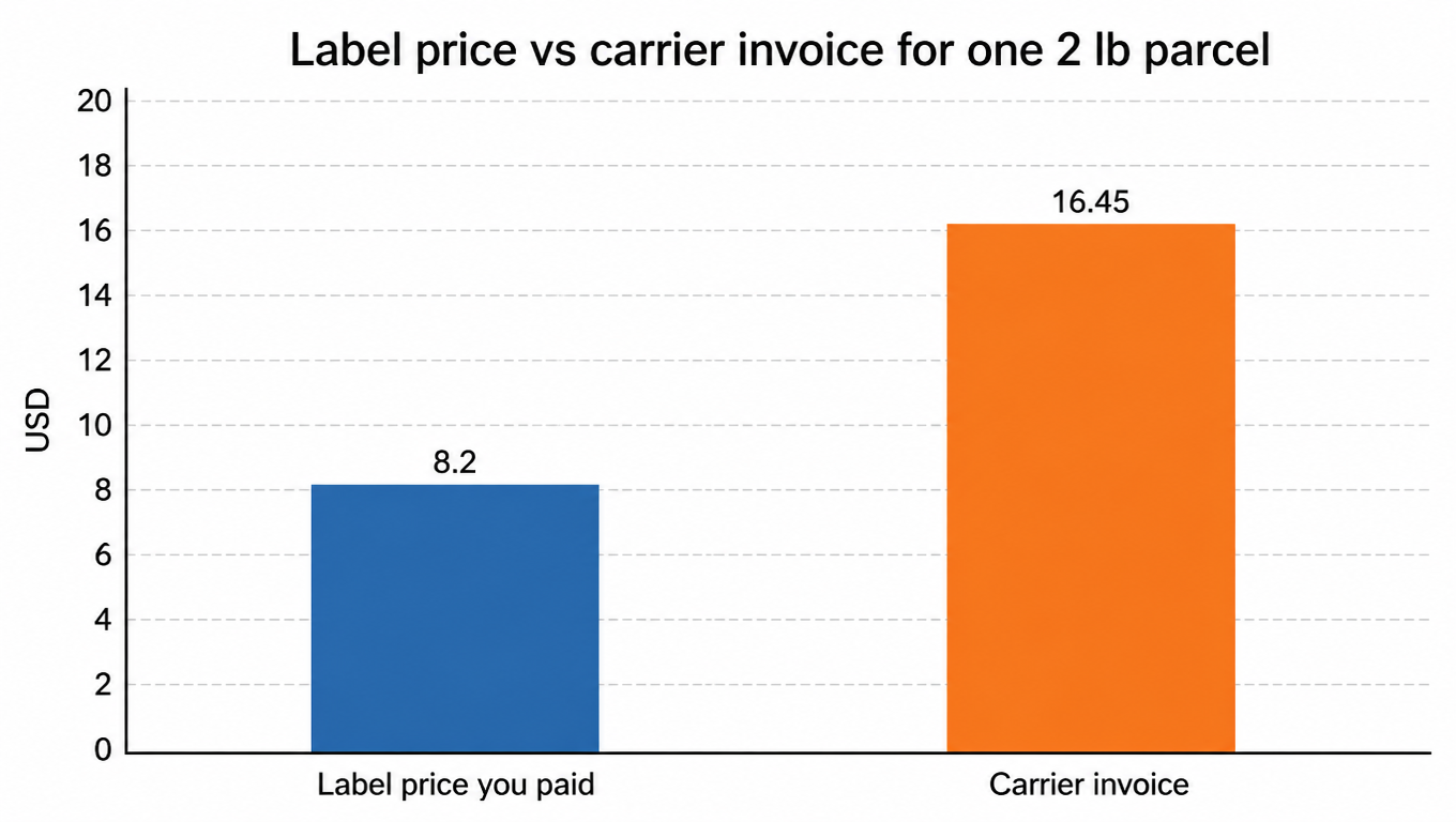 Label price vs carrier invoice for one 2 lb parcel: 8.20 paid, 16.45 billed