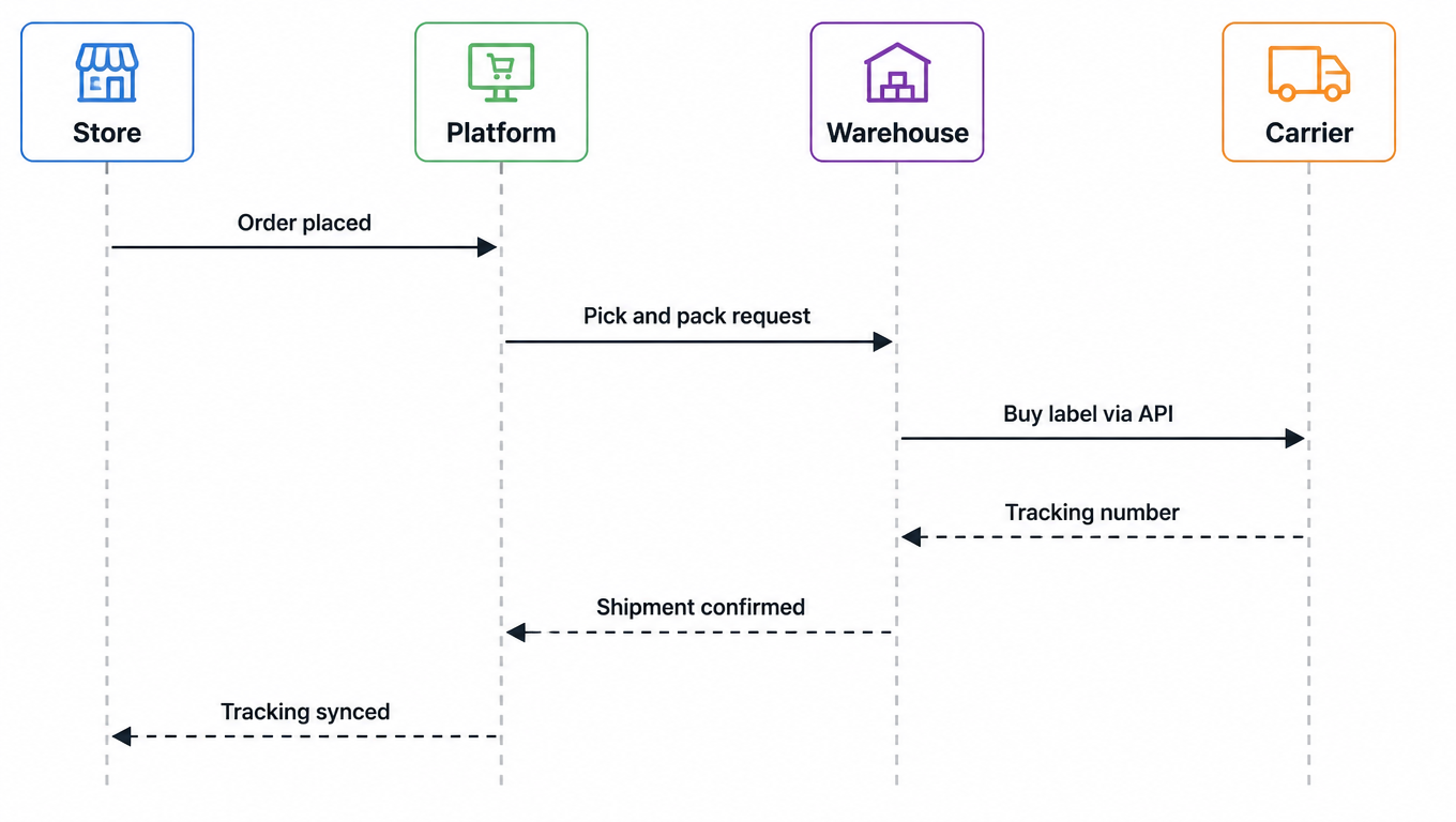 Order flow sequence: store to platform to warehouse to carrier, tracking flowing back