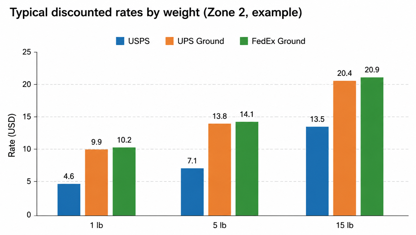 Typical discounted rates by weight (Zone 2, example): USPS cheapest at 1 lb, the gap closing by 15 lb