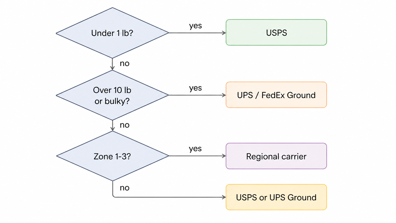 Routing decision flow: under 1 lb to USPS, over 10 lb or bulky to UPS/FedEx ground, Zone 1-3 to regional, else USPS or UPS ground