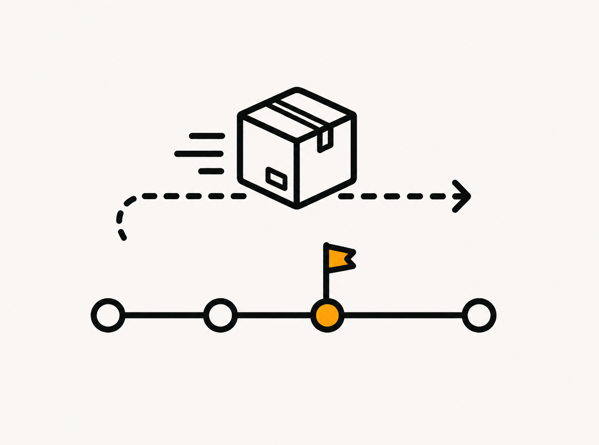 A parcel route with a warning flag marking a delivery exception.