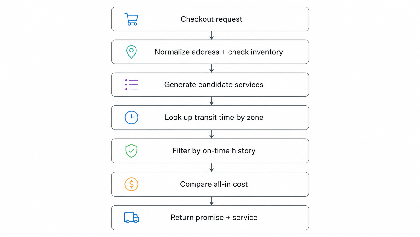 Flowchart: checkout request → normalize address and check inventory → generate candidate services → look up transit time by zone → filter by on-time history → compare all-in cost → return promise and service