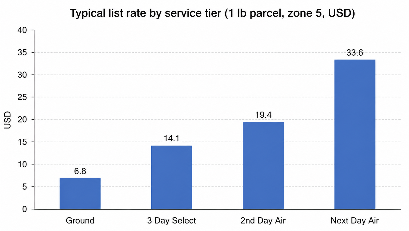 Bar chart: typical list rate by service tier for a 1 lb parcel to zone 5, Ground $6.80, 3 Day Select $14.10, 2nd Day Air $19.40, Next Day Air $33.60