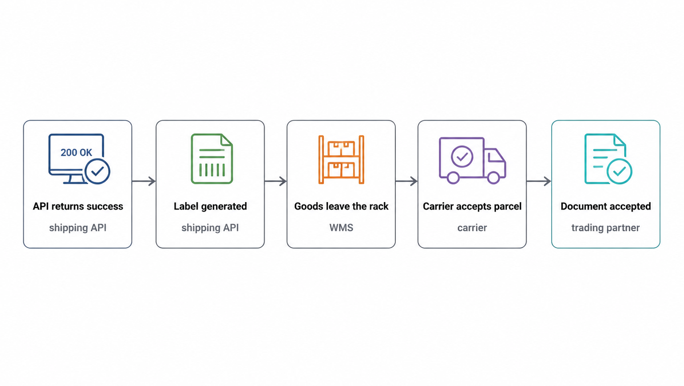 Flowchart: five events in sequence, API returns success asserted by the shipping API, label generated asserted by the shipping API, goods leave the rack asserted by the WMS, carrier accepts parcel asserted by the carrier, and the document accepted asserted by the customer's system
