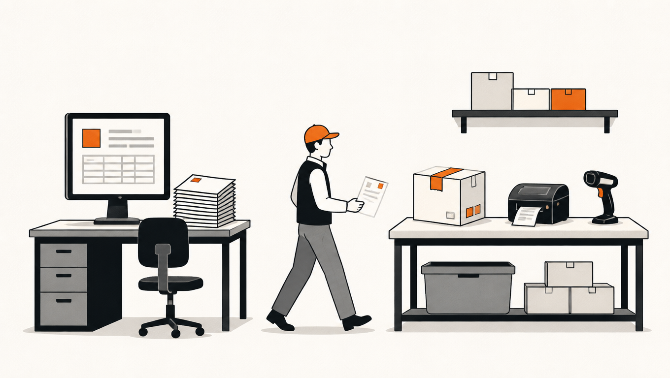 Editorial illustration of a warehouse office split in two halves: on the left a desk with documents and printed forms, on the right a packing bench with a parcel, a label printer and a hand scanner, a small figure walking between the two halves carrying one sheet of paper, off-white background with a single orange accent, deliberately asymmetric composition with visible paper grain.