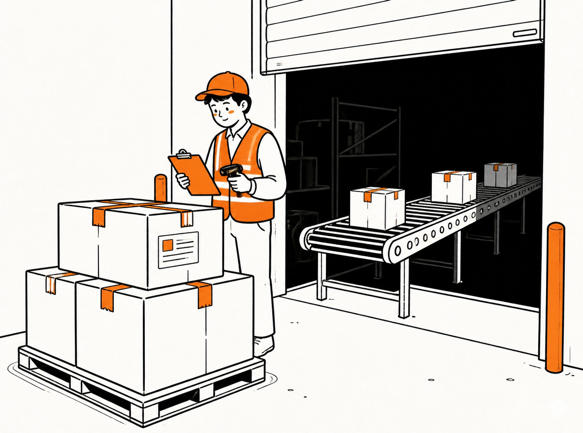 Editorial illustration of a retail receiving dock: a worker at a roll-up door holding a clipboard and a scanner beside stacked cartons, a label visible on the nearest box, a conveyor disappearing into the dark warehouse behind, off-white background with a single orange accent, gently asymmetric composition with visible paper grain.