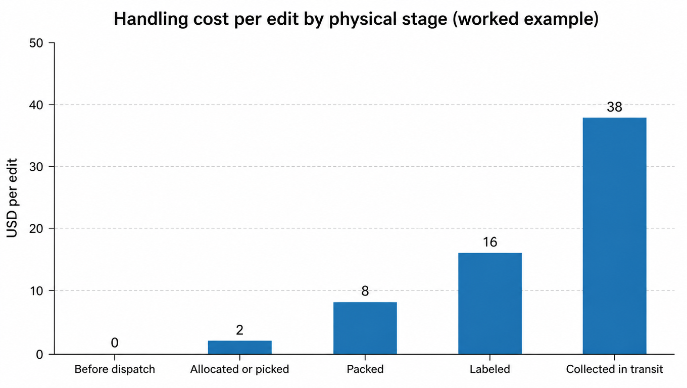 Bar chart: handling cost per edit by physical stage, 0 USD before dispatch, 2 USD at allocation or pick, 8 USD once packed, 16 USD once labeled, 38 USD once collected in transit