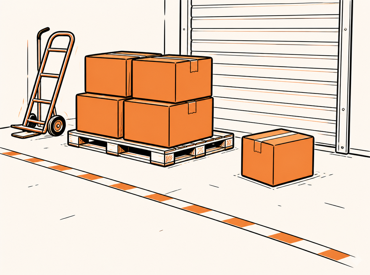 Hand-drawn illustration of an outbound staging lane from a low angle, four sealed parcels on a wooden pallet beside a roll-up door, a hand truck leaning against the wall, floor tape marking the lane, and one parcel set slightly apart and turned the wrong way, loose ink linework with orange fills on a warm off-white ground.