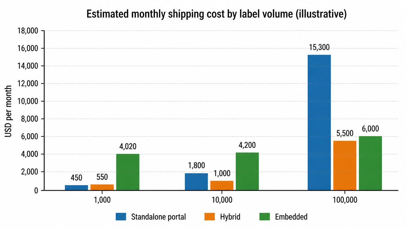 Bar chart: estimated monthly shipping cost by label volume, standalone from $450 to $1,800 to $15,300, hybrid from $550 to $1,000 to $5,500, embedded from $4,020 to $4,200 to $6,000