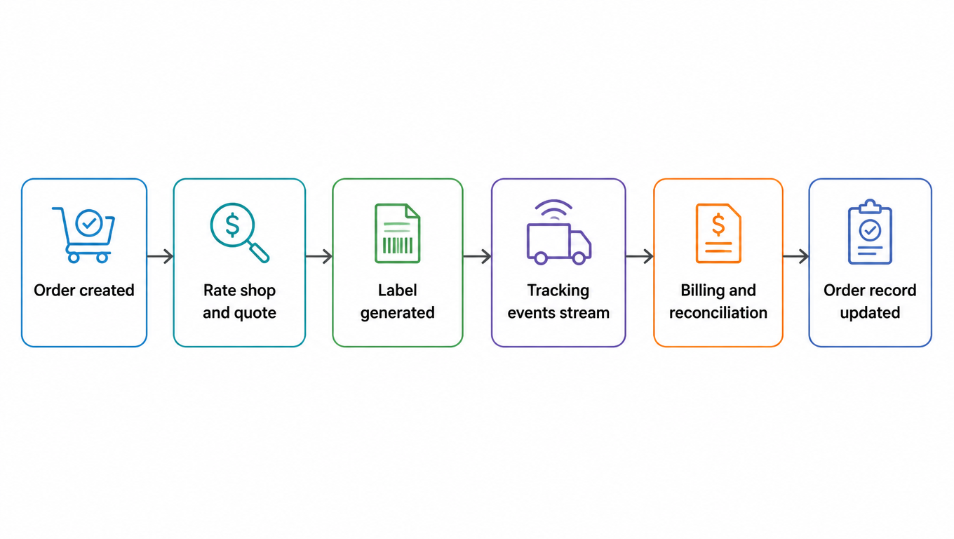 Flowchart: order created, rate shop and quote, label generated, tracking events stream, billing and reconciliation, order record updated