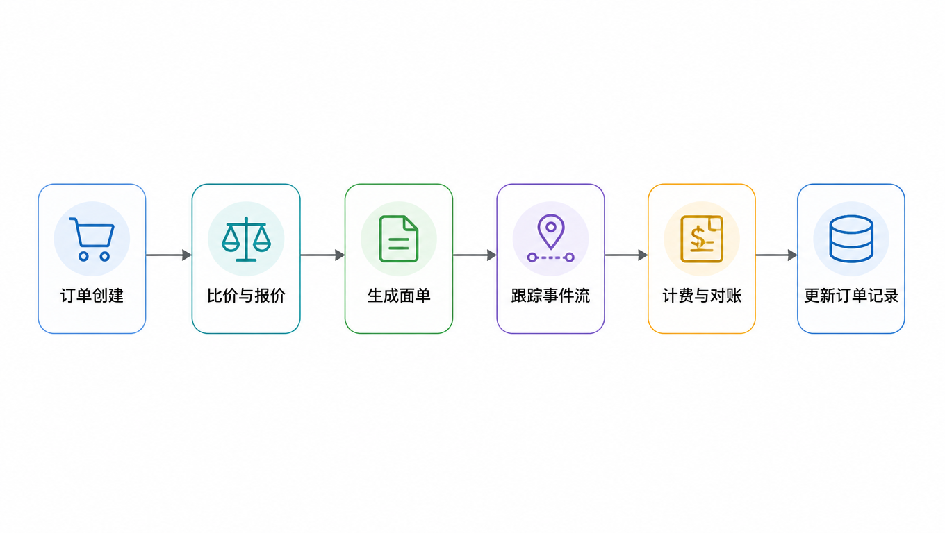 流程图:订单创建、比价与报价、生成面单、跟踪事件流、计费与对账、更新订单记录