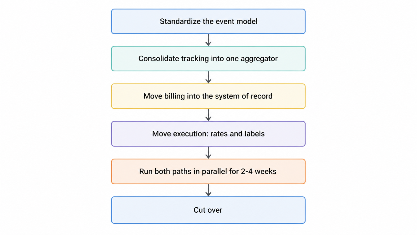Flowchart: standardize the event model, consolidate tracking into one aggregator, move billing into the system of record, move execution (rates and labels), run both paths in parallel for 2-4 weeks, cut over