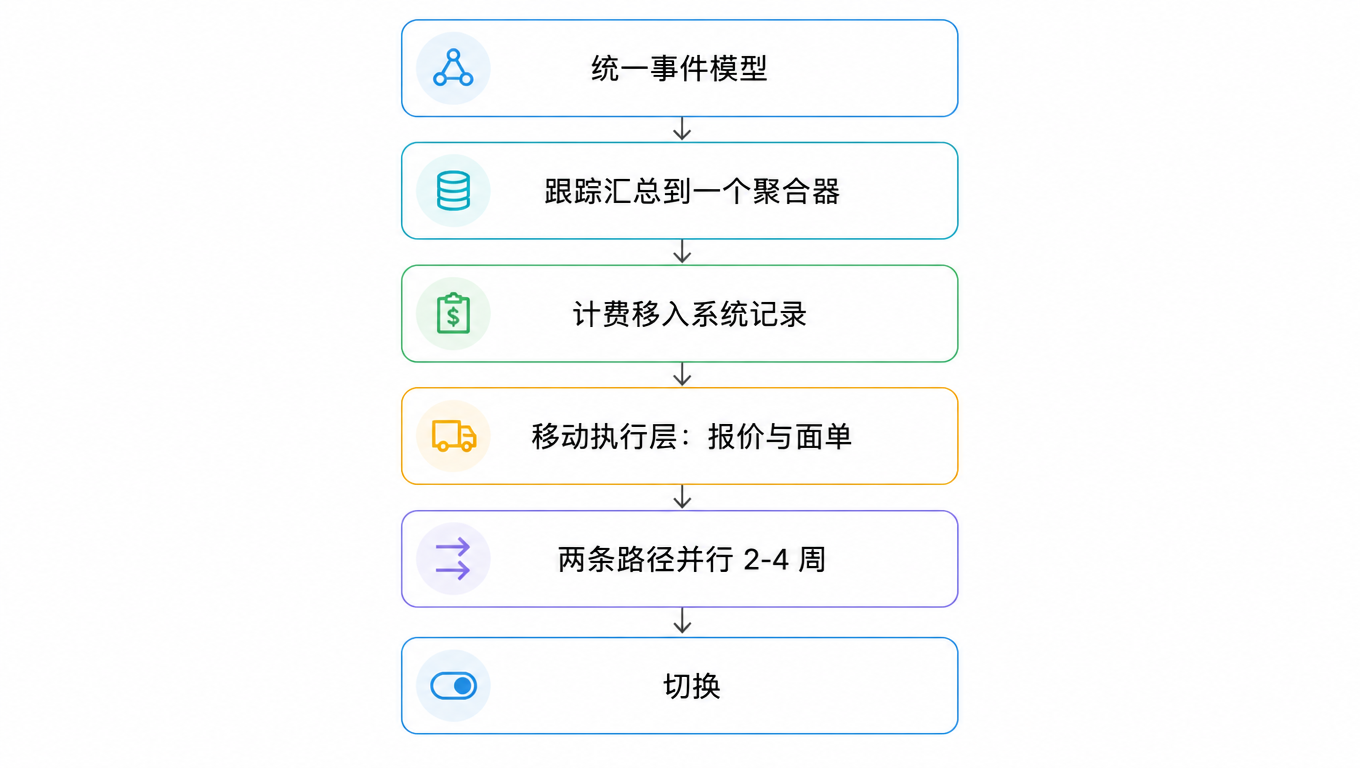 流程图:统一事件模型、跟踪汇总到一个聚合器、计费移入系统记录、移动执行层(报价与面单)、两条路径并行 2-4 周、切换