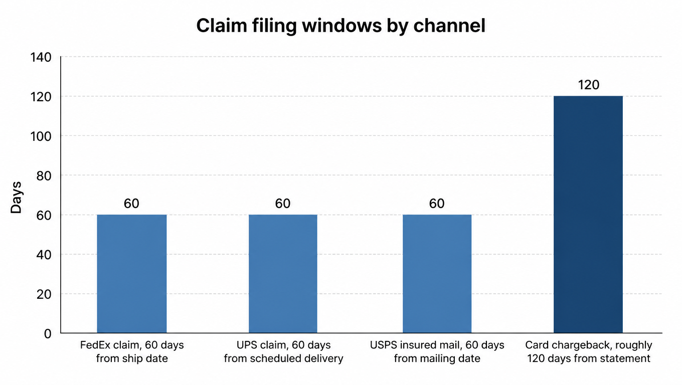 Bar chart of claim filing windows in days: a FedEx claim 60 days from ship date, a UPS claim 60 days from scheduled delivery, USPS insured mail 60 days from mailing date, and a card chargeback roughly 120 days from statement