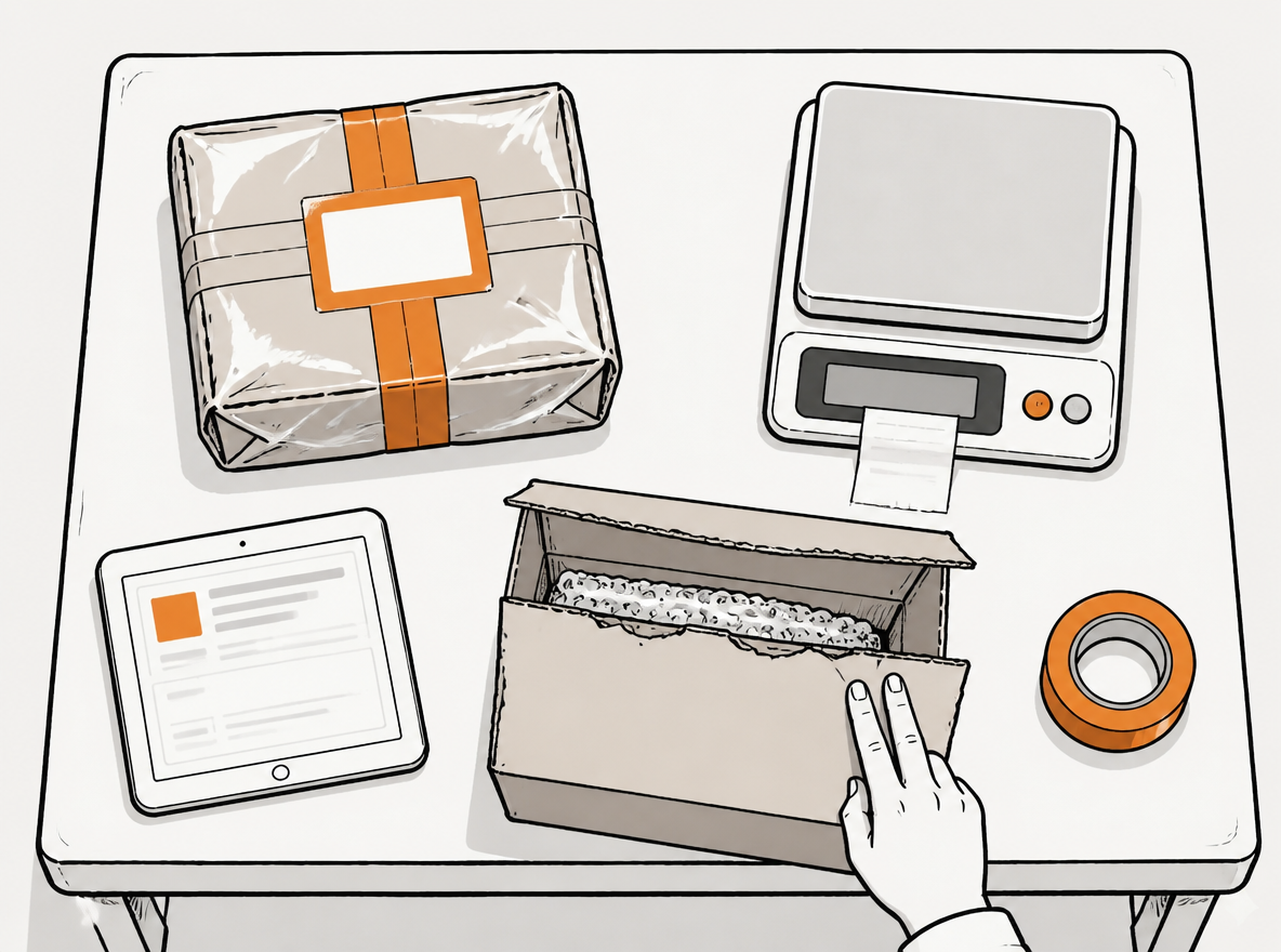 Overhead hand-drawn illustration of a receiving bench organized as evidence, a sealed parcel photographed in place, a bench scale with a printed weight slip, a torn box flap held open with two fingers, a tablet showing a return authorization, packing tape roll set apart, muted palette with one warm accent, uneven hand-inked edges and slightly off-grid arrangement.