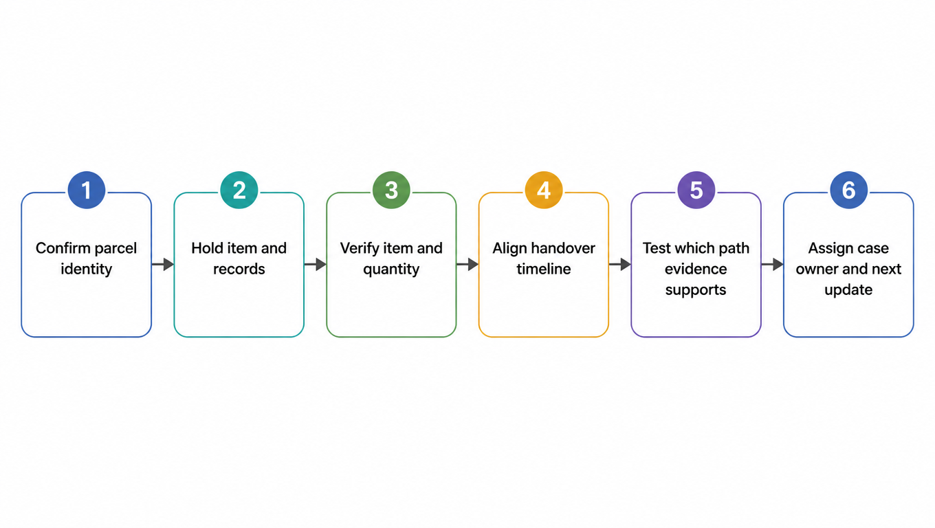 Flowchart: confirm parcel identity, hold item and records, verify item and quantity, align handover timeline, test which path the evidence supports, then assign a case owner and a next update date