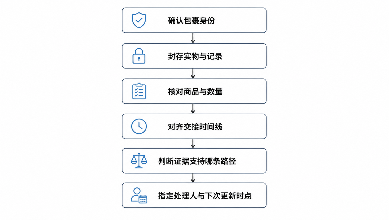 流程图:确认包裹身份,封存实物与记录,核对商品与数量,对齐交接时间线,判断证据支持哪条路径,指定处理人与下次更新时点