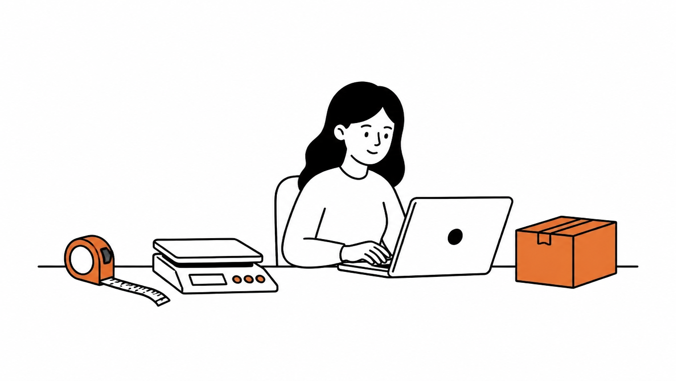 A DTC brand owner sitting at a desk with a measuring tape, a digital scale, and a cardboard box, looking at a laptop screen showing shipping rate comparisons