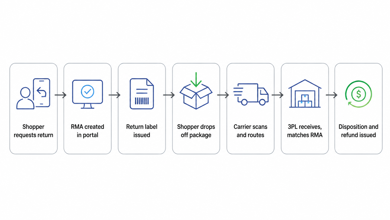 Returns journey flowchart: shopper requests a return, RMA created in the portal, return label issued, shopper drops off the package, carrier scans and routes, 3PL receives and matches the RMA, then disposition and refund