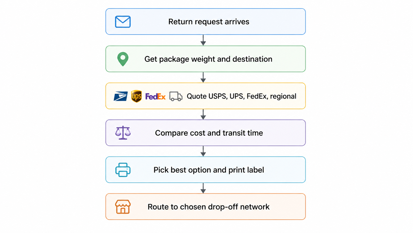 Dynamic routing flowchart: return request arrives, get package weight and destination, quote USPS, UPS, FedEx, and regional carriers, compare cost and transit time, pick the best option and print the label, route to the chosen drop-off network
