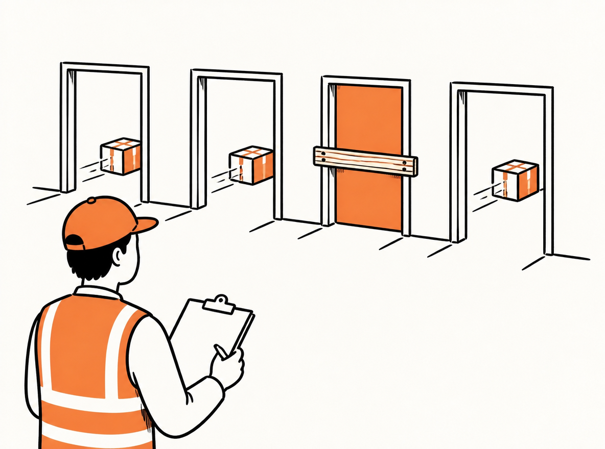 Hand-drawn illustration of four doorways in a row with a single parcel passing through each, one doorway closed off by a simple wooden bar, a warehouse worker checking a clipboard in the foreground, off-white paper background, sparse orange fill on the closed door, deliberately uneven line weight.